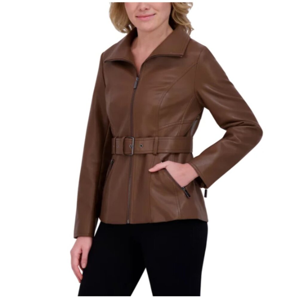 Kenneth Cole Women's Belted Faux Leather Brown Jacket Size XXL - Picture 4 of 9